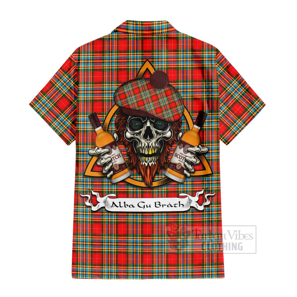 Tartan Vibes Clothing Chattan Tartan Short Sleeve Button Shirt with Family Crest and Bearded Skull Holding Bottles of Whiskey