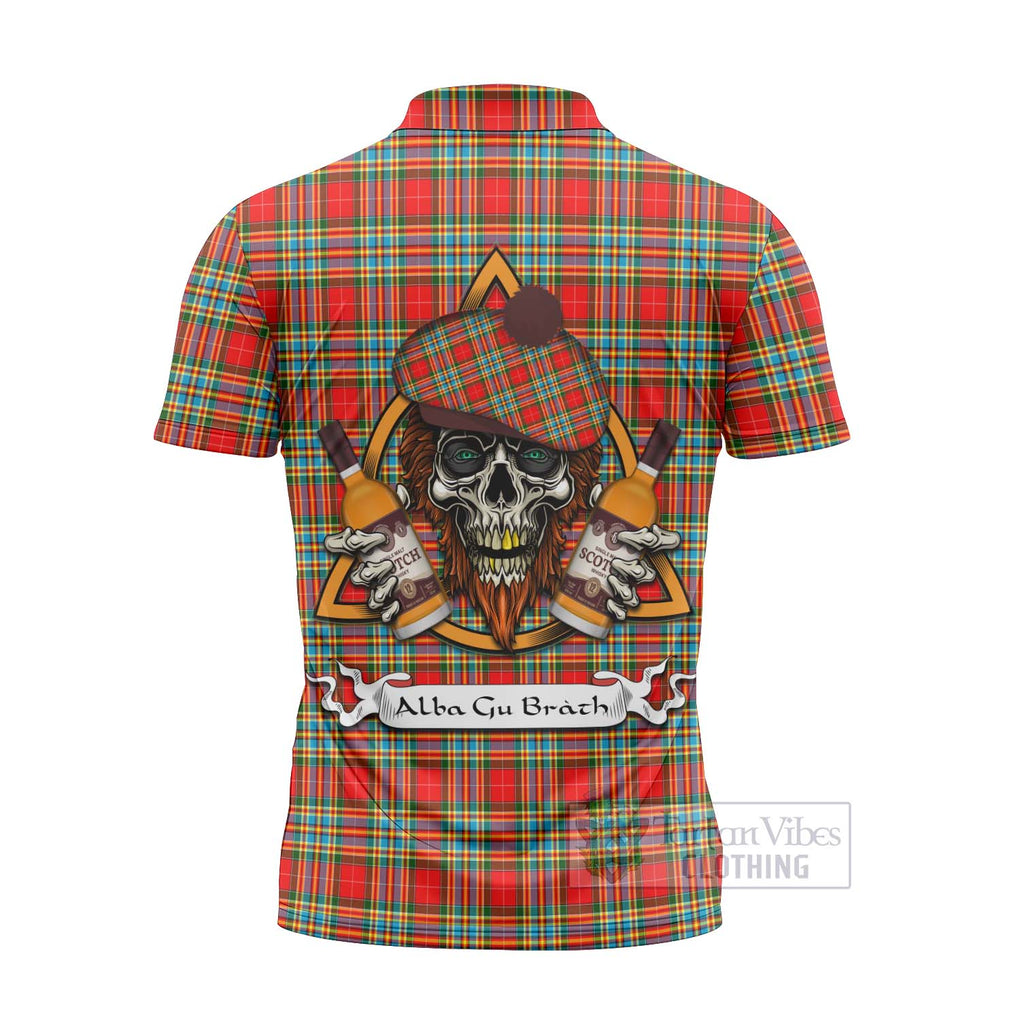 Tartan Vibes Clothing Chattan Tartan Zipper Polo Shirt with Family Crest and Bearded Skull Holding Bottles of Whiskey