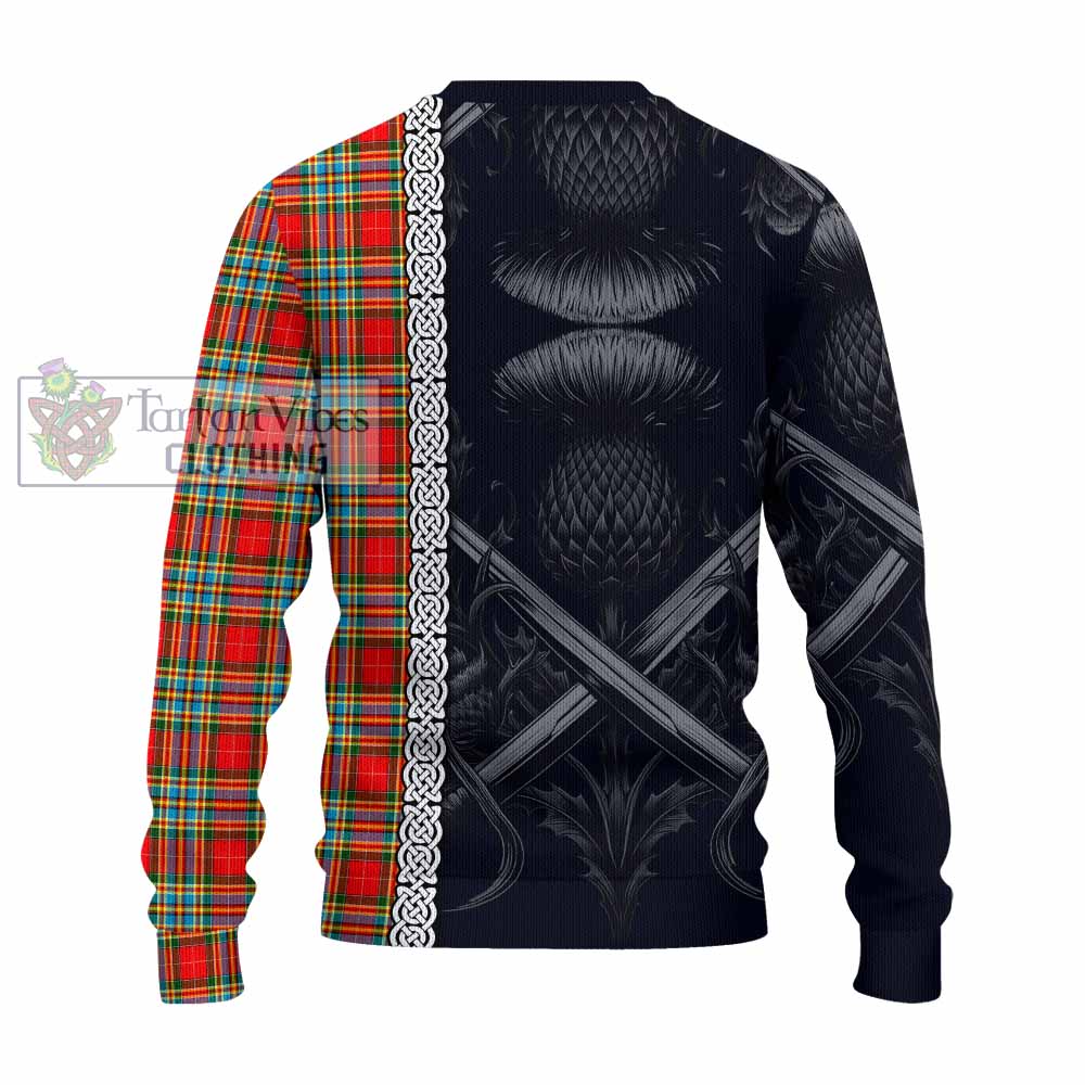 Tartan Vibes Clothing Chattan Tartan Knitted Sweater with Family Crest Cross Sword Thistle Celtic Vibes