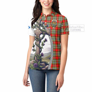 Chattan Tartan Women's Polo Shirt with Family Crest and St. Andrew's Cross Accented by Thistle Vines