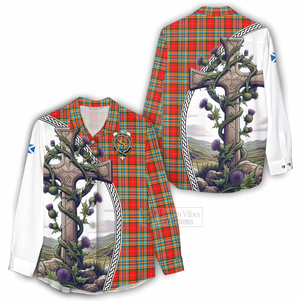 Tartan Vibes Clothing Chattan Tartan Women's Casual Shirt with Family Crest and St. Andrew's Cross Accented by Thistle Vines