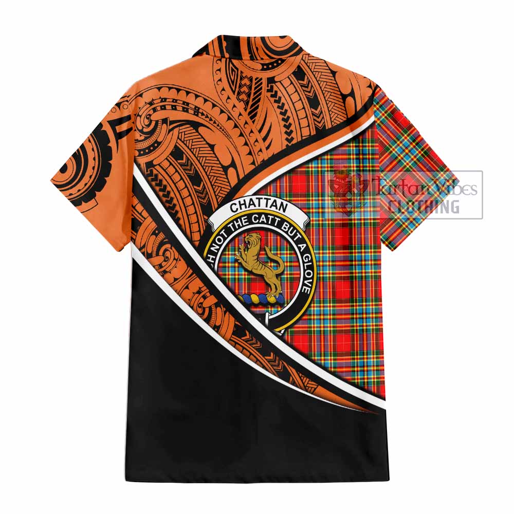 Tartan Vibes Clothing Chattan Crest Tartan Short Sleeve Button Shirt with Maori Tattoo Style - Orange Version