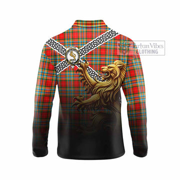 Chattan Crest Tartan Long Sleeve Polo Shirt with Golden Lion Emblem Celtic Style - Tartan Vibes Clothing