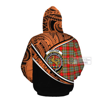 Chattan Crest Tartan Cotton Hoodie with Polynesian Vibes Style - Orange Version