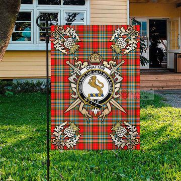 Chattan Tartan Flag with Family Crest and Golden Thistle Crossed Sword Design