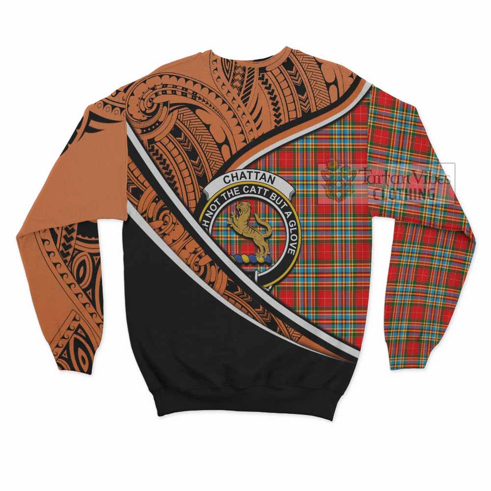 Tartan Vibes Clothing Chattan Crest Tartan Sweatshirt with Maori Tattoo Style - Orange Version