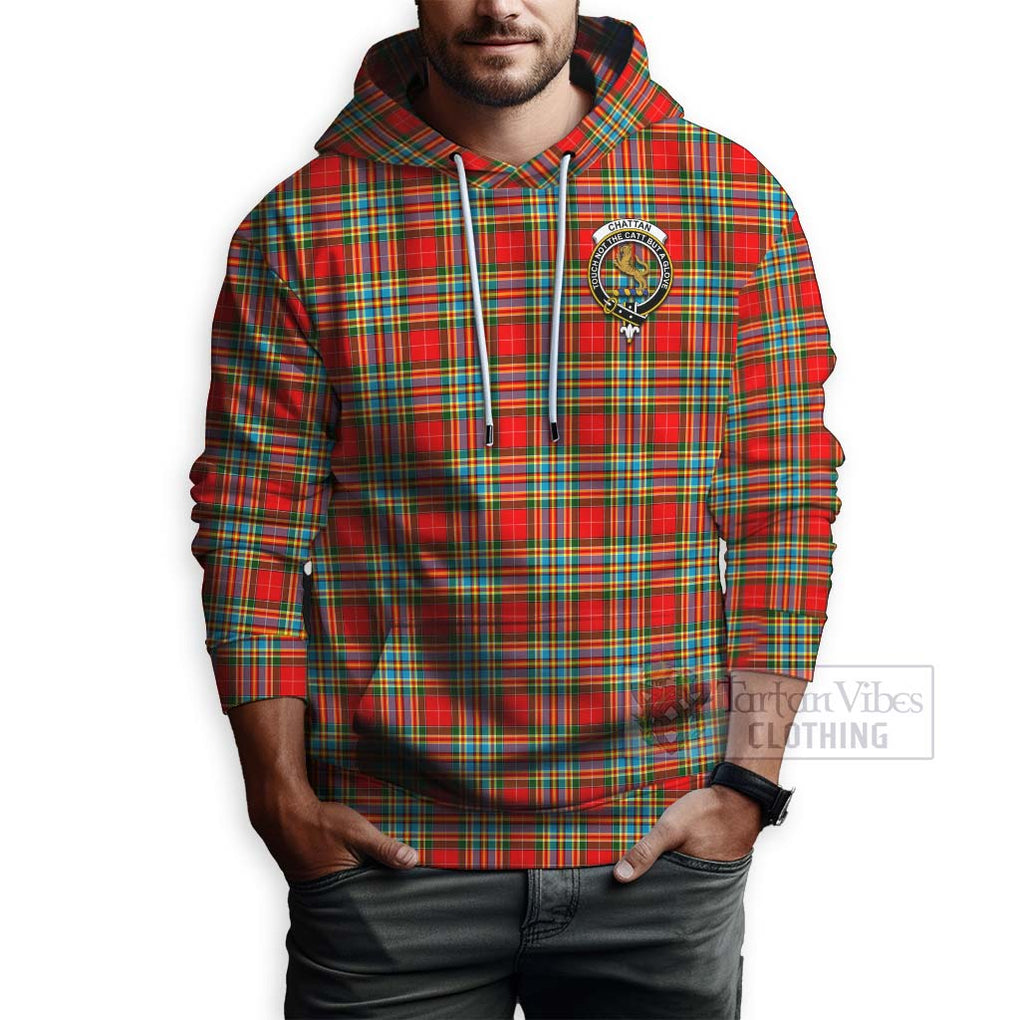 Tartan Vibes Clothing Chattan Tartan Hoodie with Family Crest and Bearded Skull Holding Bottles of Whiskey