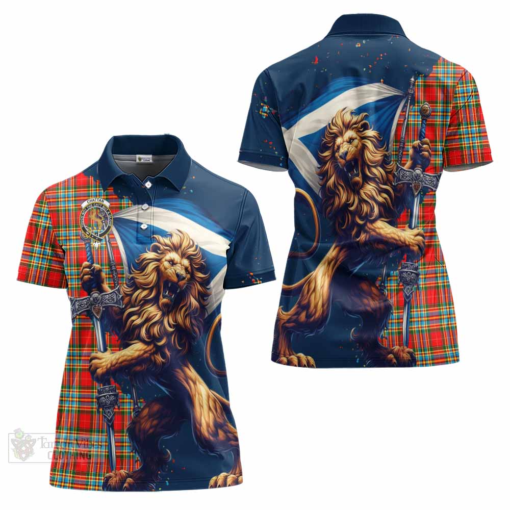 Tartan Vibes Clothing Chattan Tartan Family Crest Women's Polo Shirt with Scottish Majestic Lion