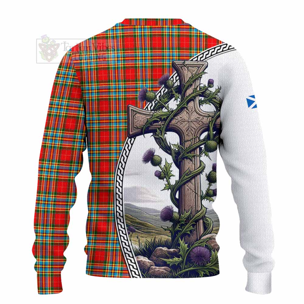 Tartan Vibes Clothing Chattan Tartan Knitted Sweater with Family Crest and St. Andrew's Cross Accented by Thistle Vines