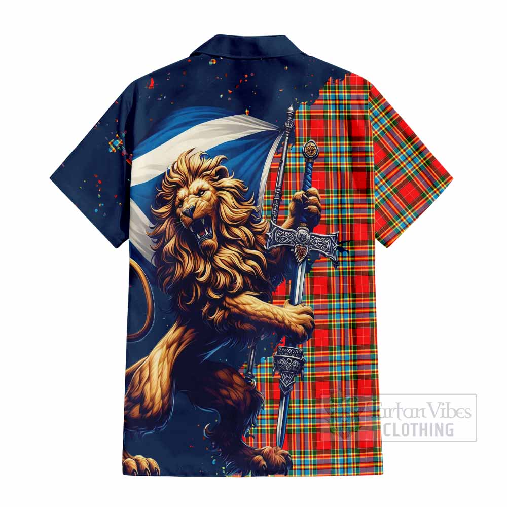 Tartan Vibes Clothing Chattan Tartan Family Crest Short Sleeve Button Shirt with Scottish Majestic Lion