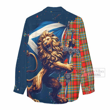 Chattan Tartan Family Crest Women's Casual Shirt with Scottish Majestic Lion