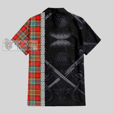 Chattan Tartan Short Sleeve Button Shirt with Family Crest Cross Sword Thistle Celtic Vibes