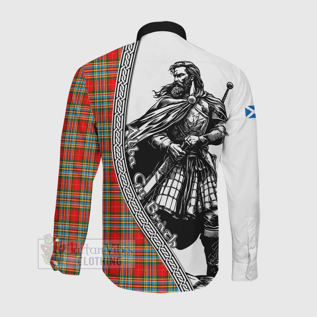 Chattan Tartan Clan Crest Long Sleeve Button Shirt with Highlander Warrior Celtic Style Men's Shirt - Tartan Vibes Clothing