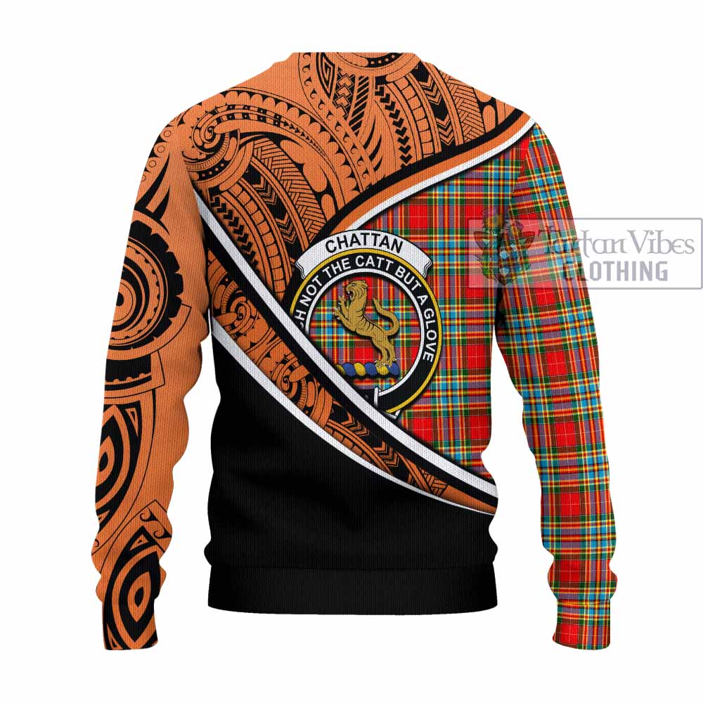 Tartan Vibes Clothing Chattan Crest Tartan Knitted Sweater with Maori Tattoo Style - Orange Version