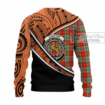 Chattan Crest Tartan Knitted Sweater with Polynesian Vibes Style - Orange Version