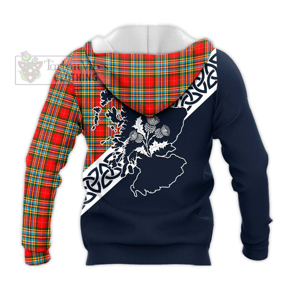 Tartan Vibes Clothing Chattan Tartan Knitted Hoodie Featuring Thistle and Scotland Map