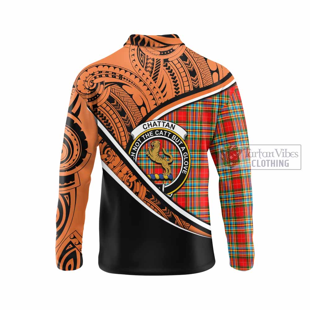 Tartan Vibes Clothing Chattan Crest Tartan Long Sleeve Polo Shirt with Maori Tattoo Style - Orange Version