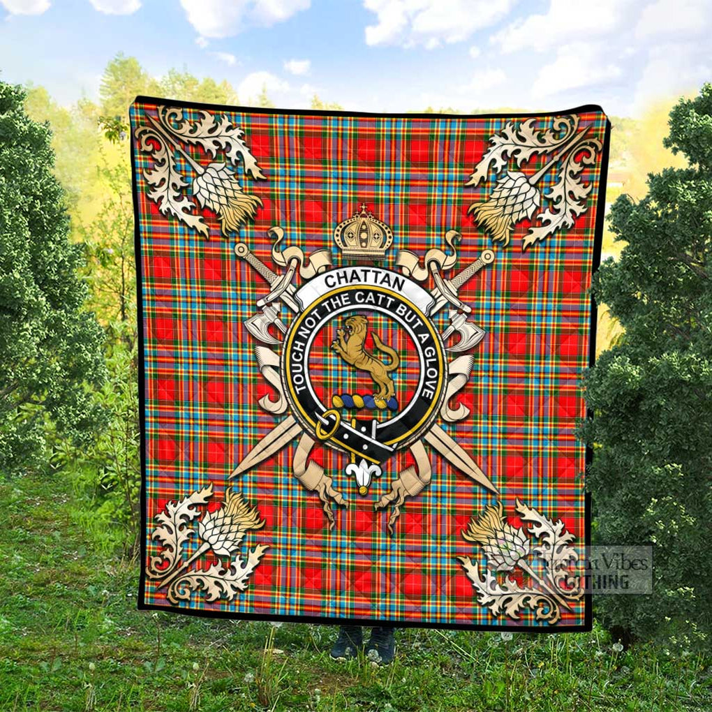 Tartan Vibes Clothing Chattan Tartan Quilt with Family Crest and Scottish Golden Courage Shield