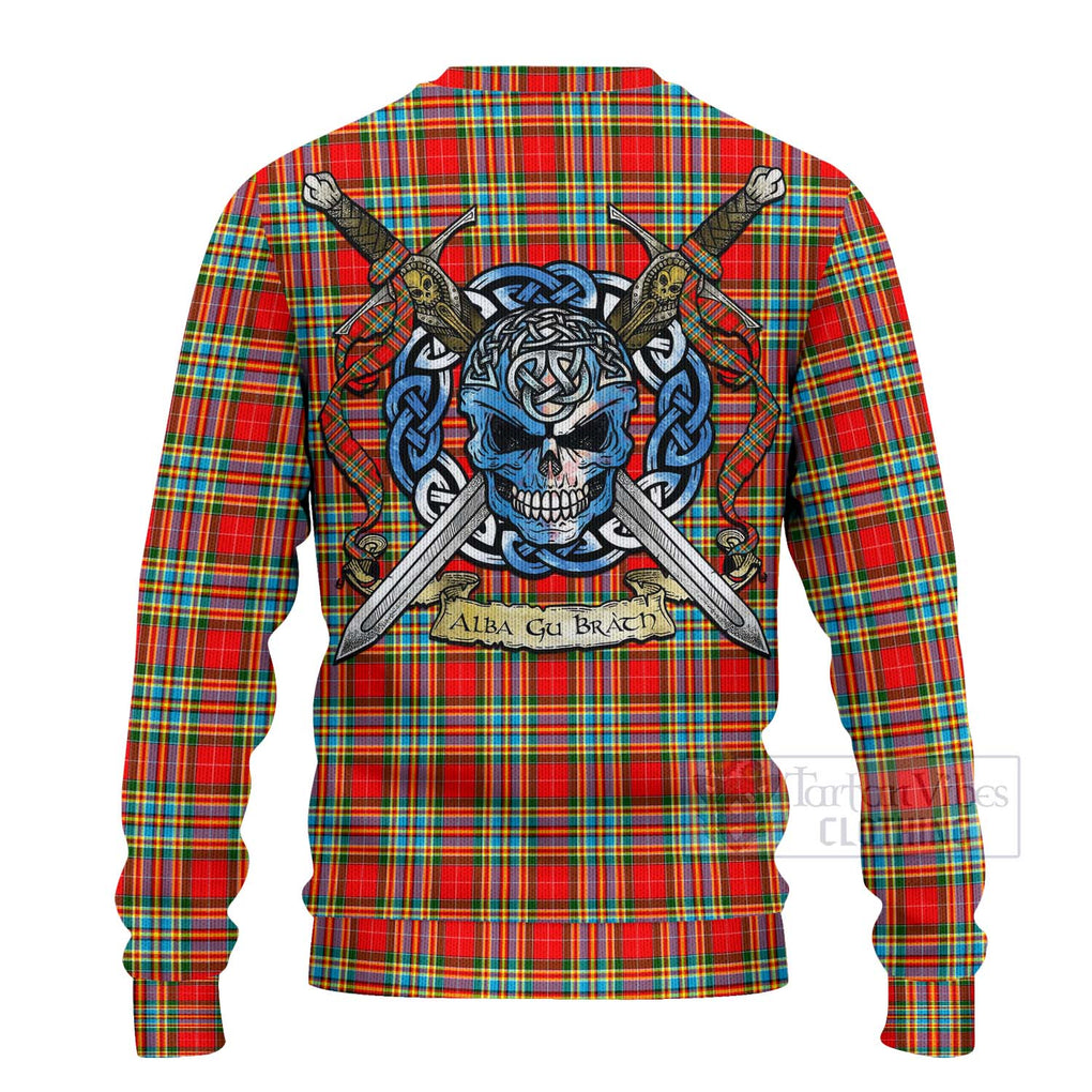 Tartan Vibes Clothing Chattan Tartan Knitted Sweater with Family Crest Celtic Skull Style