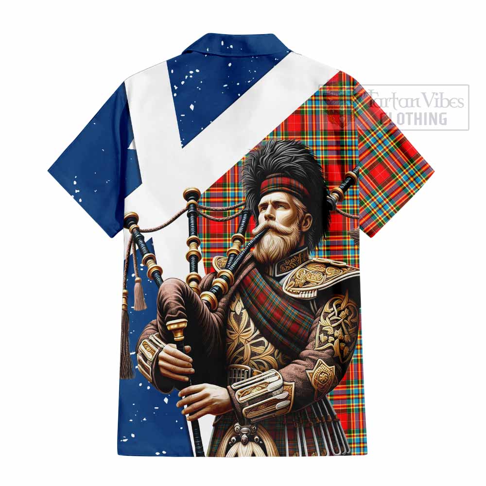 Tartan Vibes Clothing Chattan Tartan Short Sleeve Button Shirt with Family Crest Scottish Bagpiper Vibes