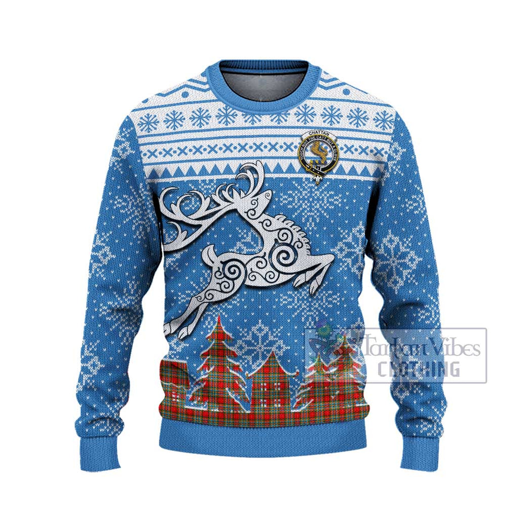 Tartan Vibes Clothing Chattan Clan Christmas Ugly Sweater with Tartan and Celtic Raindeer Style