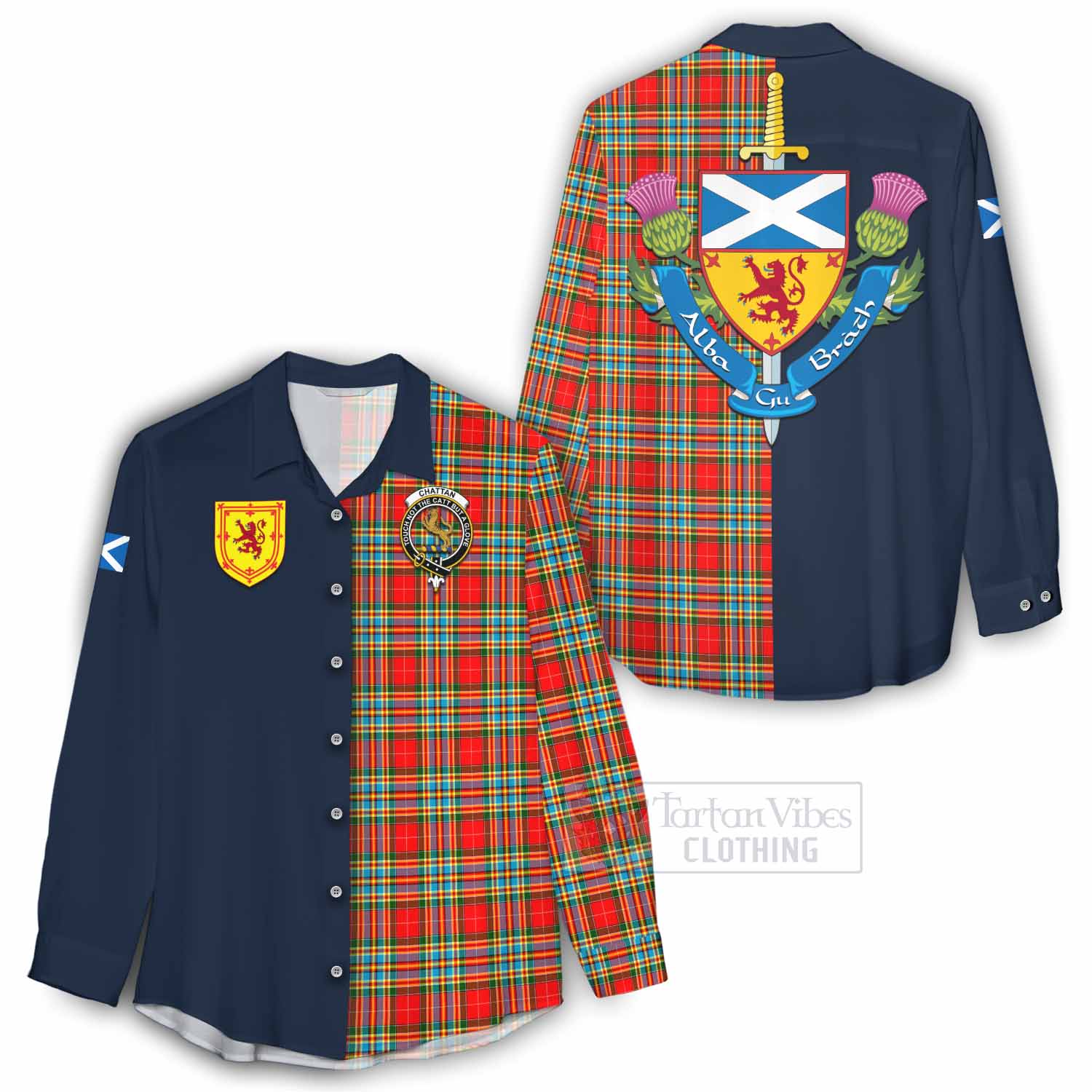 Tartan Vibes Clothing Chattan Tartan Women's Casual Shirt Alba with Scottish Lion Royal Arm Half Style