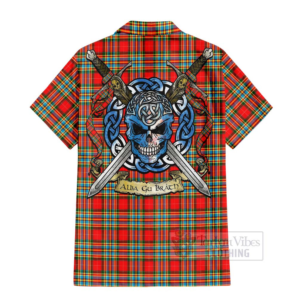 Tartan Vibes Clothing Chattan Tartan Short Sleeve Button Shirt with Family Crest Celtic Skull Style