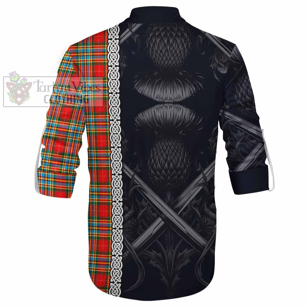 Tartan Vibes Clothing Chattan Tartan Ghillie Kilt Shirt with Family Crest Cross Sword Thistle Celtic Vibes