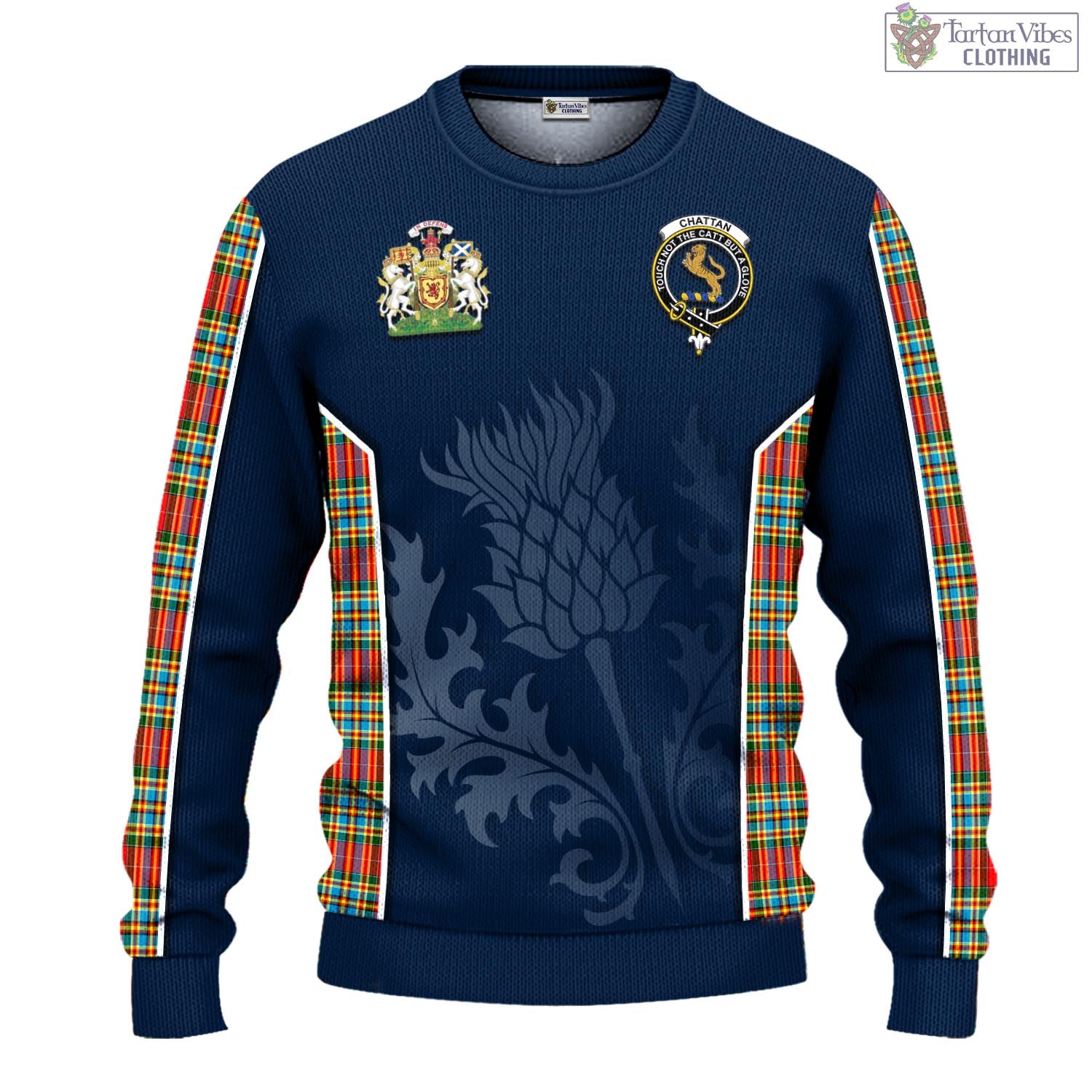 Tartan Vibes Clothing Chattan Tartan Knitted Sweatshirt with Family Crest and Scottish Thistle Vibes Sport Style