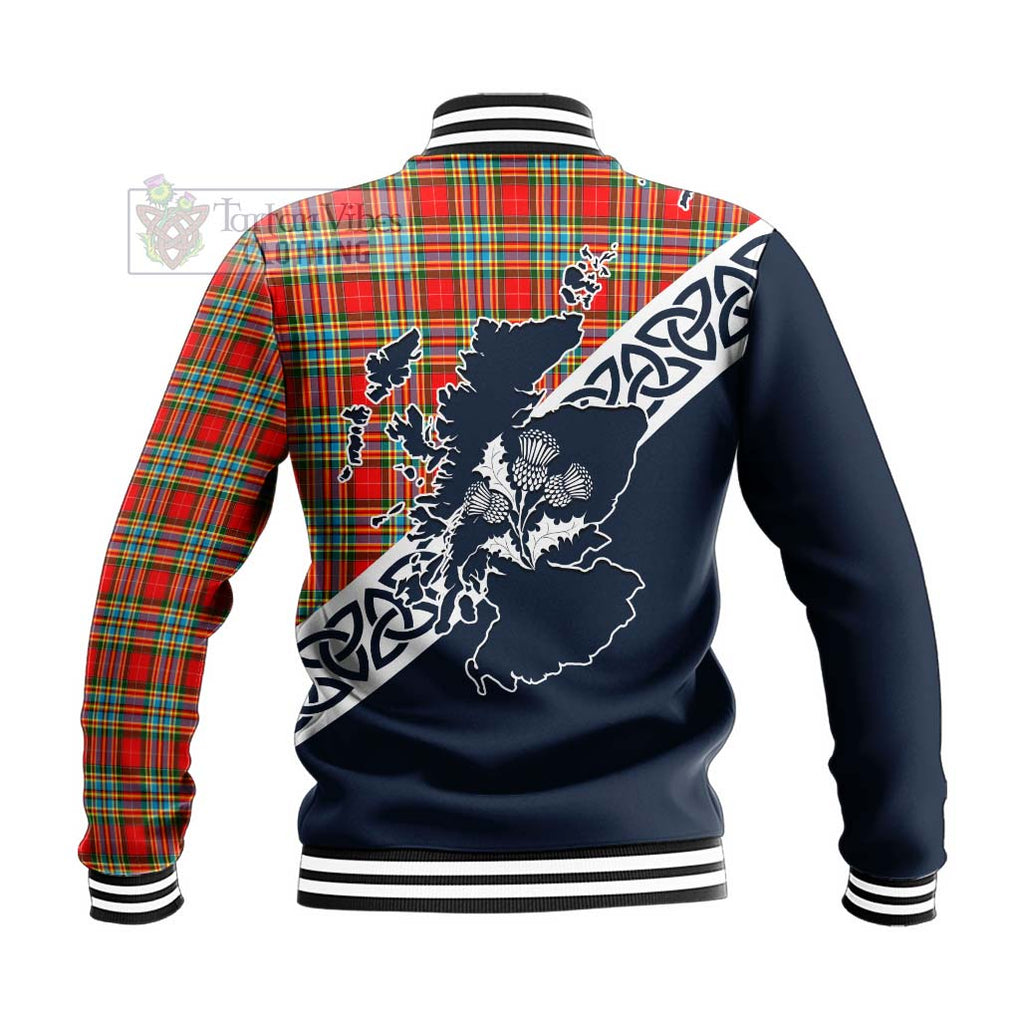 Tartan Vibes Clothing Chattan Tartan Baseball Jacket Featuring Thistle and Scotland Map