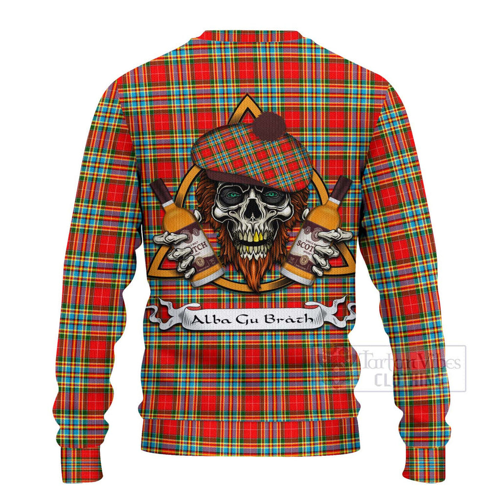 Tartan Vibes Clothing Chattan Tartan Knitted Sweater with Family Crest and Bearded Skull Holding Bottles of Whiskey