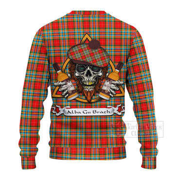 Chattan Tartan Ugly Sweater with Family Crest and Bearded Skull Holding Bottles of Whiskey