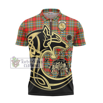 Chattan Tartan Zipper Polo Shirt with Family Crest Celtic Wolf Style