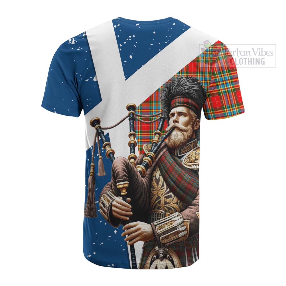 Tartan Vibes Clothing Chattan Tartan Cotton T-shirt with Family Crest Scottish Bagpiper Vibes