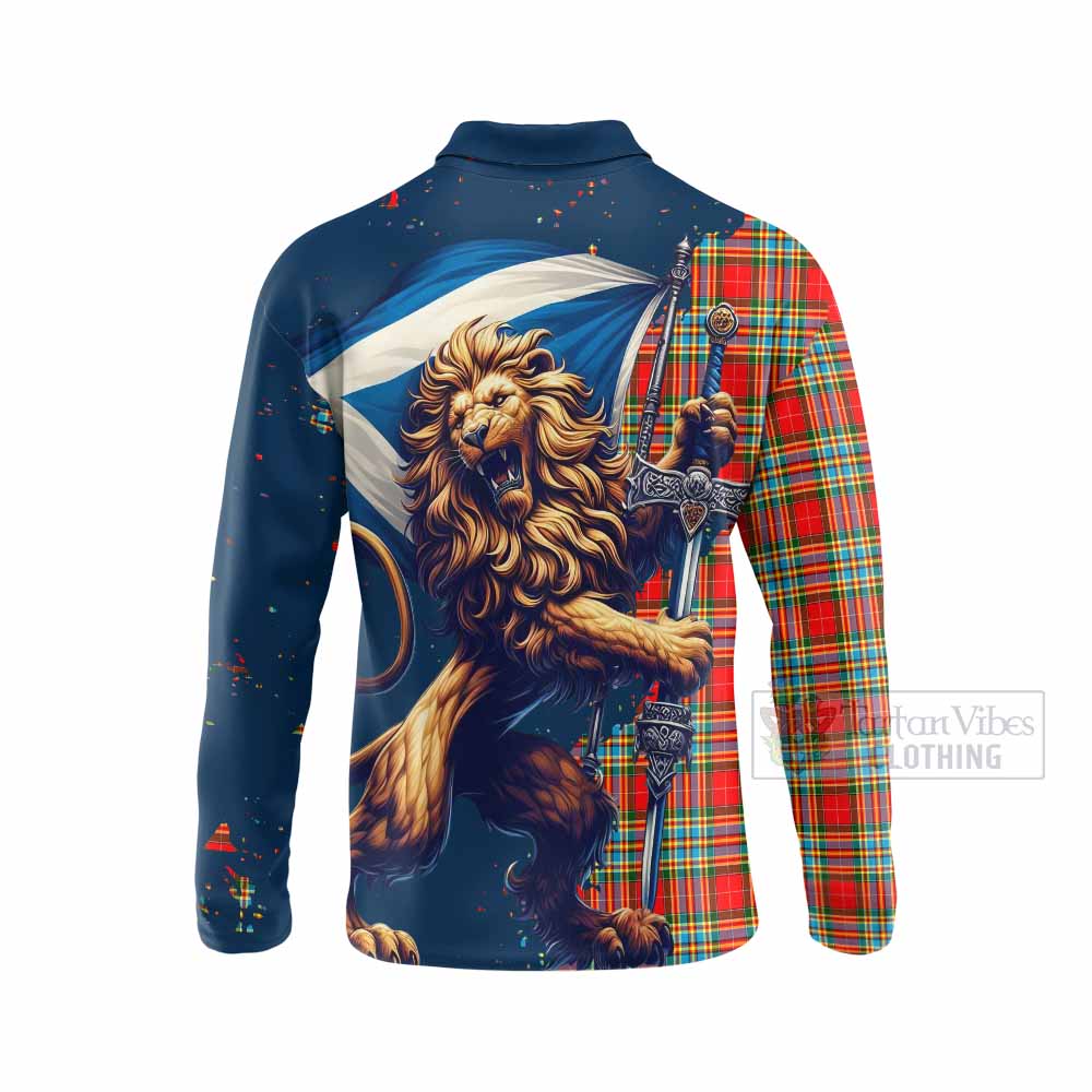 Tartan Vibes Clothing Chattan Tartan Family Crest Long Sleeve Polo Shirt with Scottish Majestic Lion