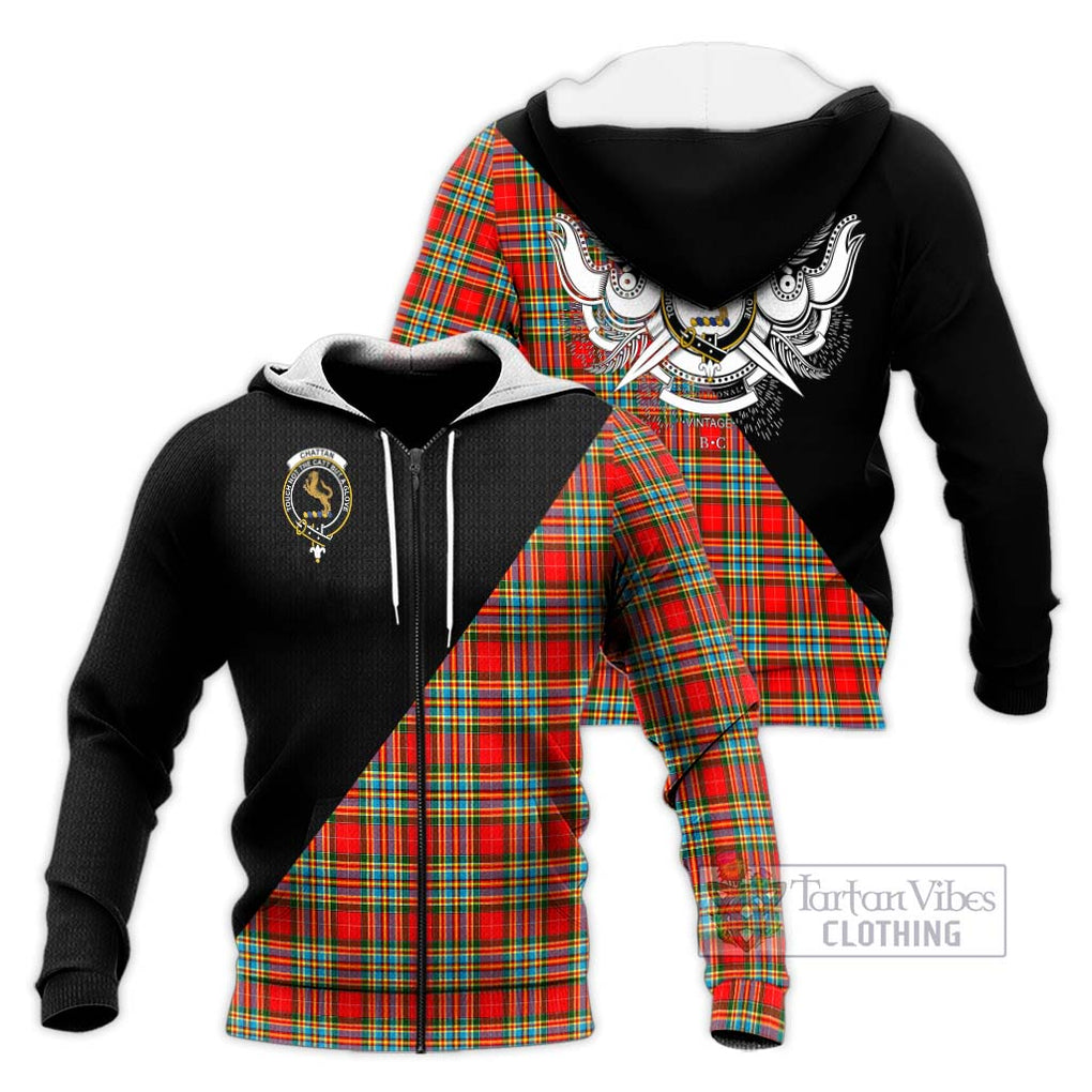 Chattan Tartan Knitted Hoodie with Family Crest and Military Logo Style Unisex Knitted Zip Hoodie - Tartanvibesclothing Shop