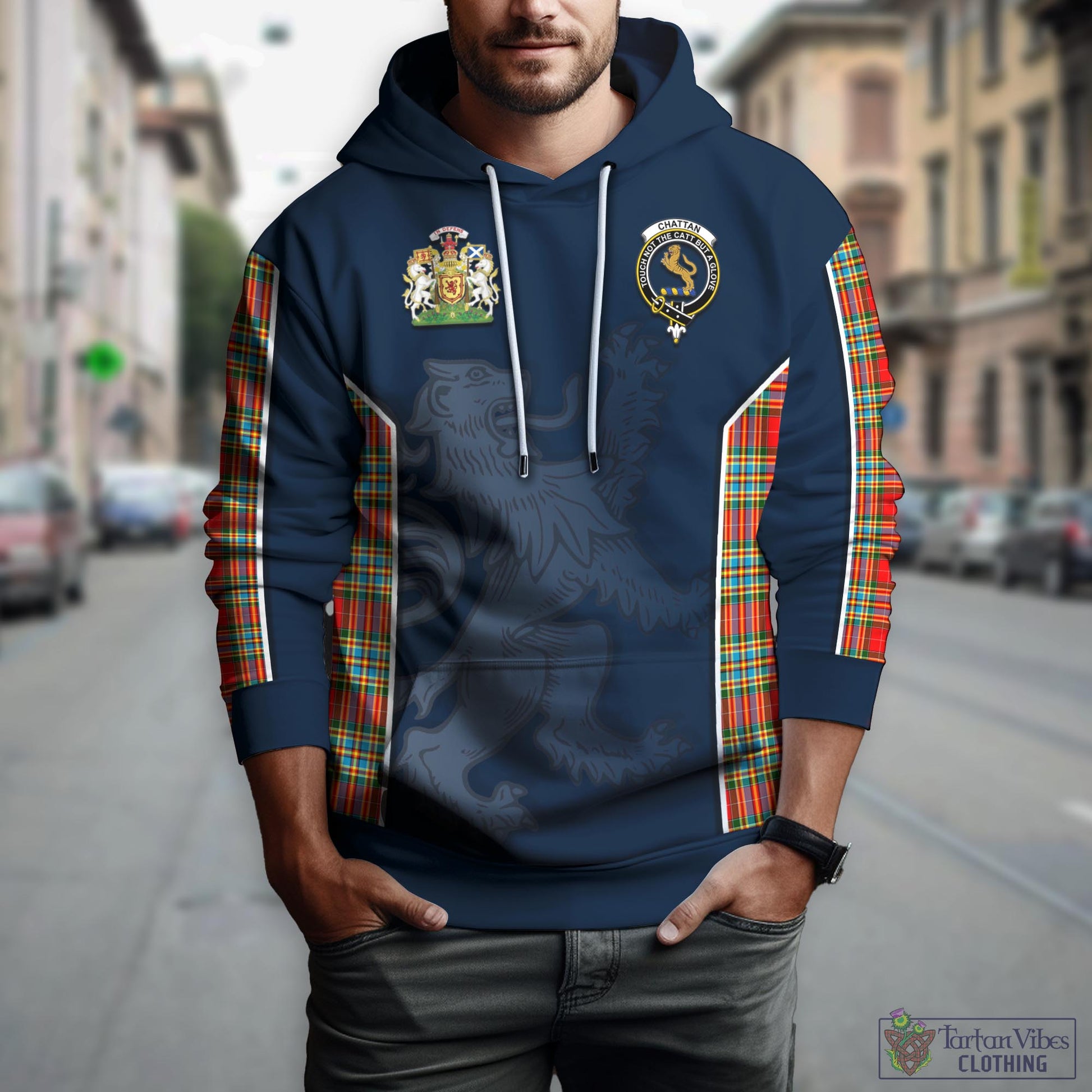 Tartan Vibes Clothing Chattan Tartan Hoodie with Family Crest and Lion Rampant Vibes Sport Style