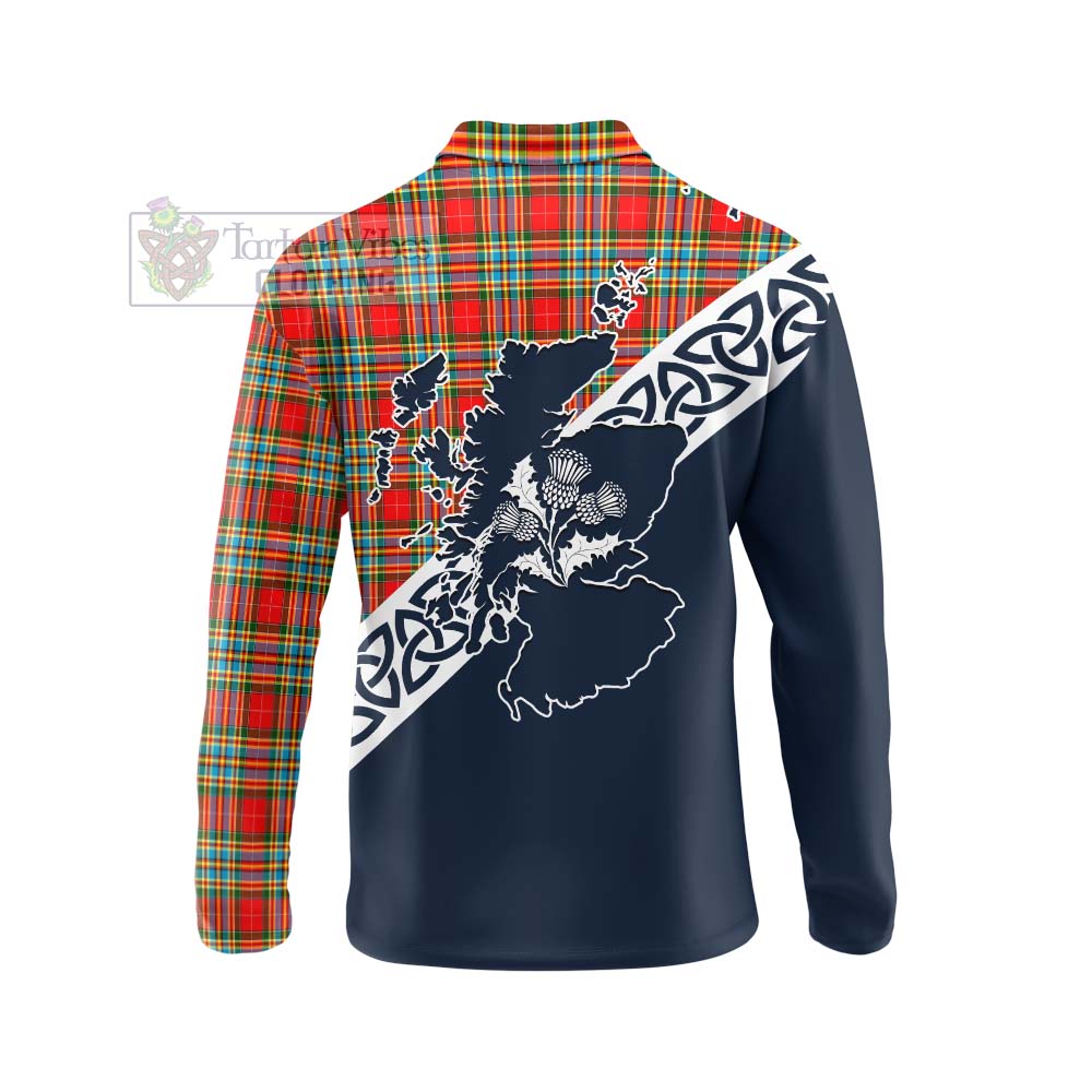 Tartan Vibes Clothing Chattan Tartan Long Sleeve Polo Shirt Featuring Thistle and Scotland Map