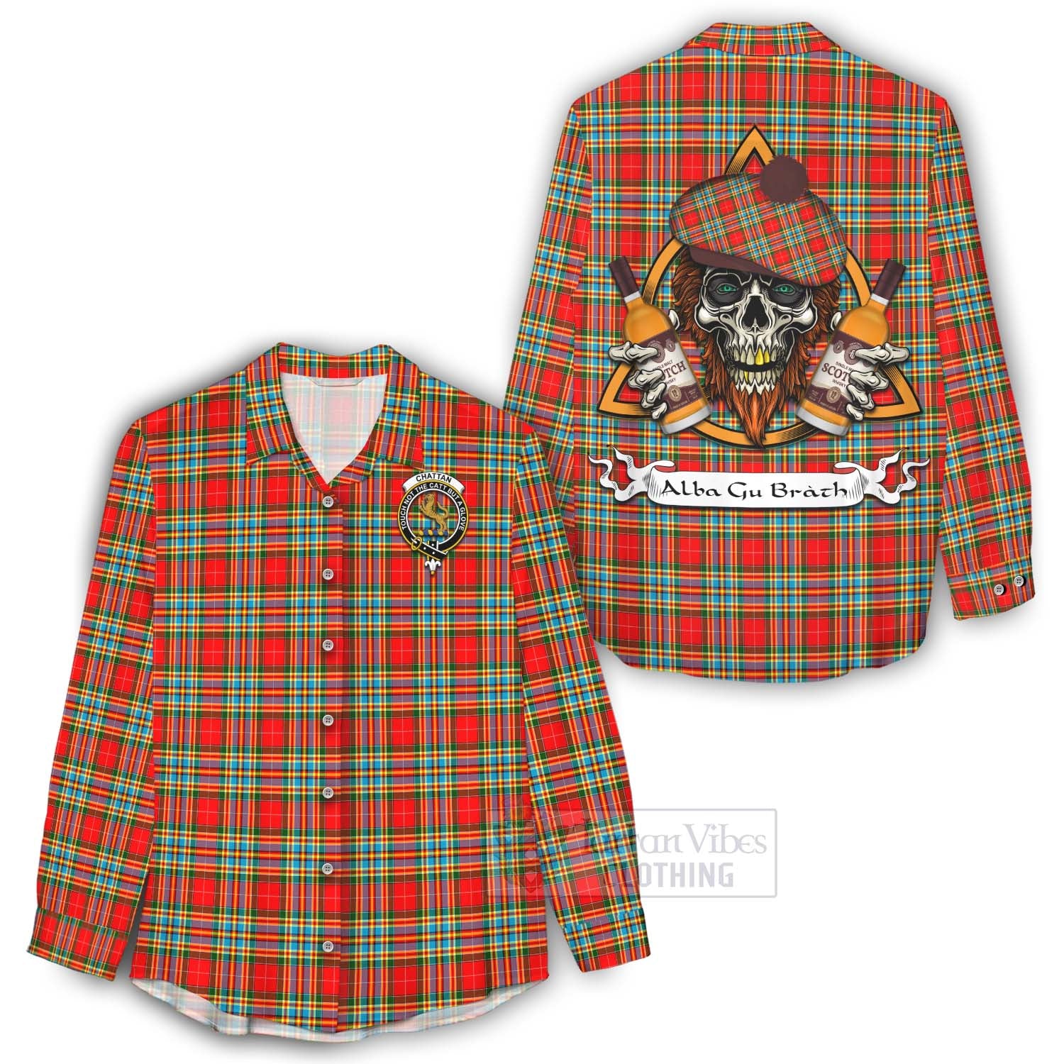 Tartan Vibes Clothing Chattan Tartan Women's Casual Shirt with Family Crest and Bearded Skull Holding Bottles of Whiskey