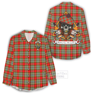 Chattan Tartan Women's Casual Shirt with Family Crest and Bearded Skull Holding Bottles of Whiskey