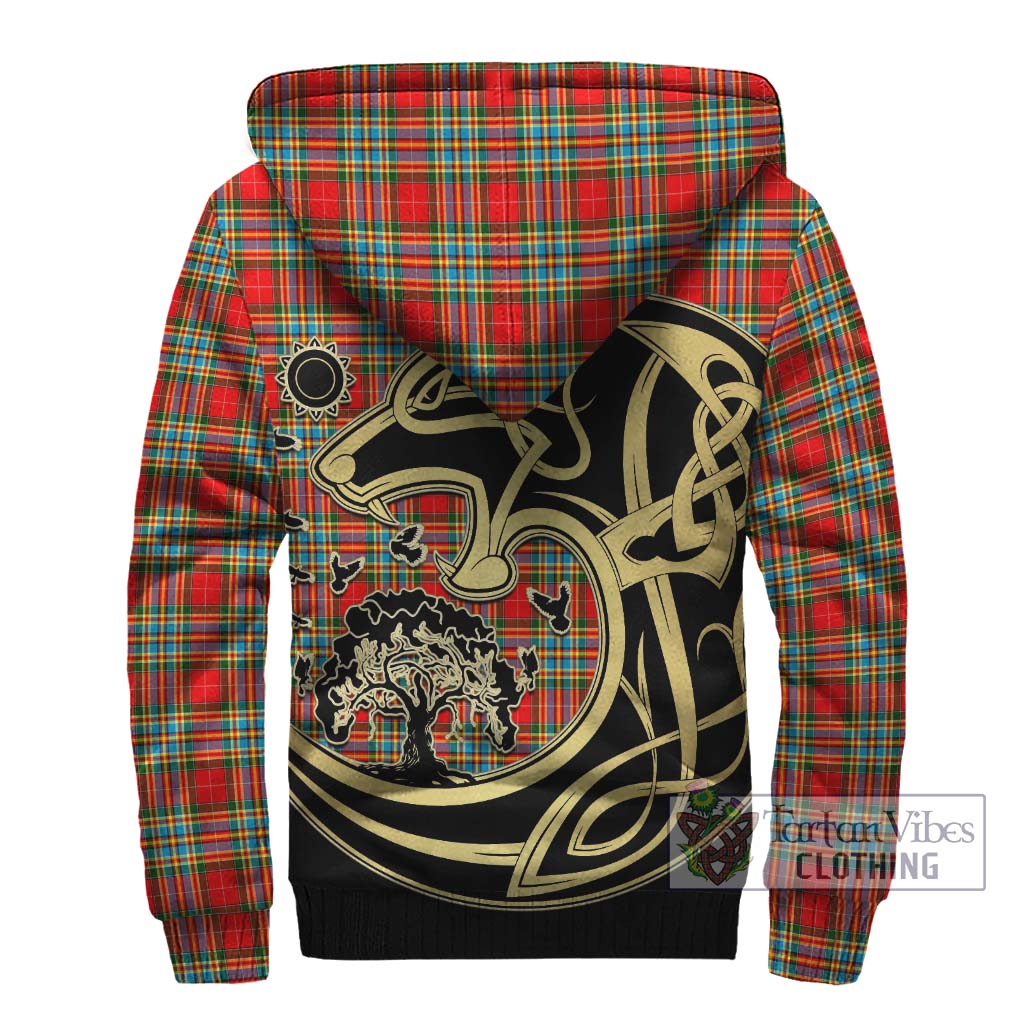 Tartan Vibes Clothing Chattan Tartan Sherpa Hoodie with Family Crest Celtic Wolf Style