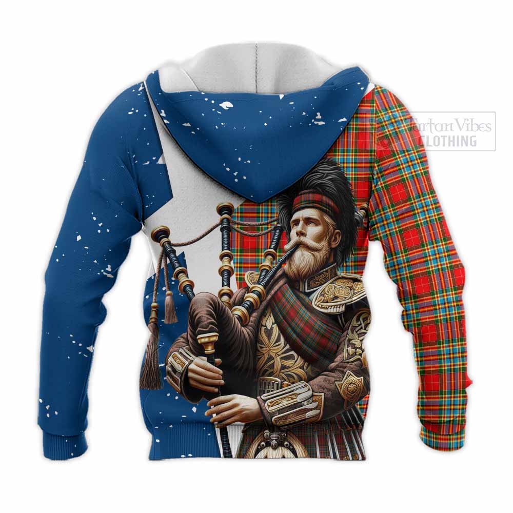 Tartan Vibes Clothing Chattan Tartan Knitted Hoodie with Family Crest Scottish Bagpiper Vibes