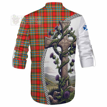 Chattan Tartan Ghillie Kilt Shirt with Family Crest and St. Andrew's Cross Accented by Thistle Vines