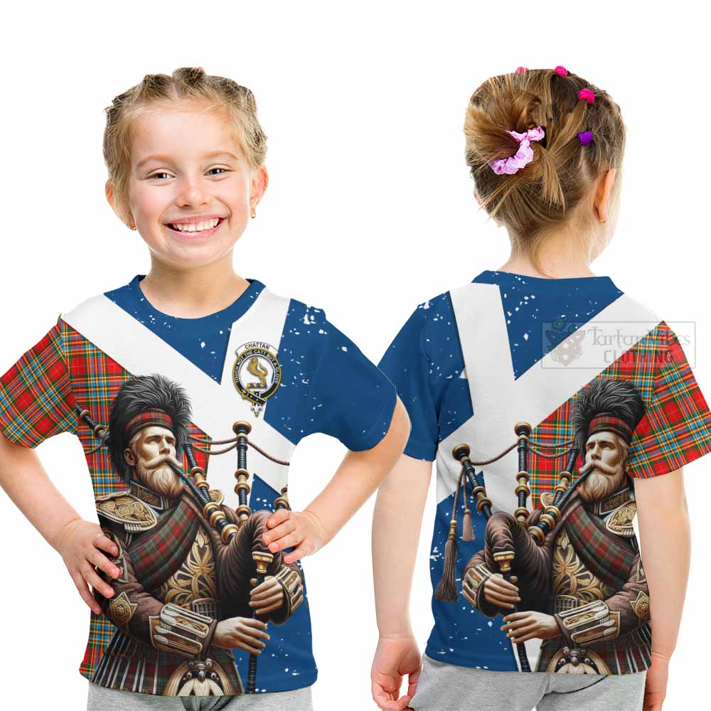 Tartan Vibes Clothing Chattan Tartan Kid T-Shirt with Family Crest Scottish Bagpiper Vibes