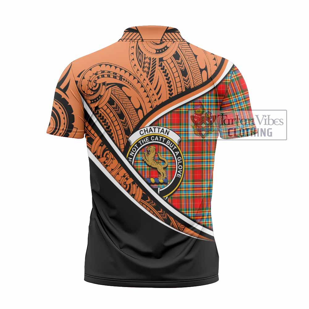 Tartan Vibes Clothing Chattan Crest Tartan Zipper Polo Shirt with Maori Tattoo Style - Orange Version