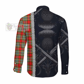 Chattan Tartan Long Sleeve Button Shirt with Family Crest Cross Sword Thistle Celtic Vibes