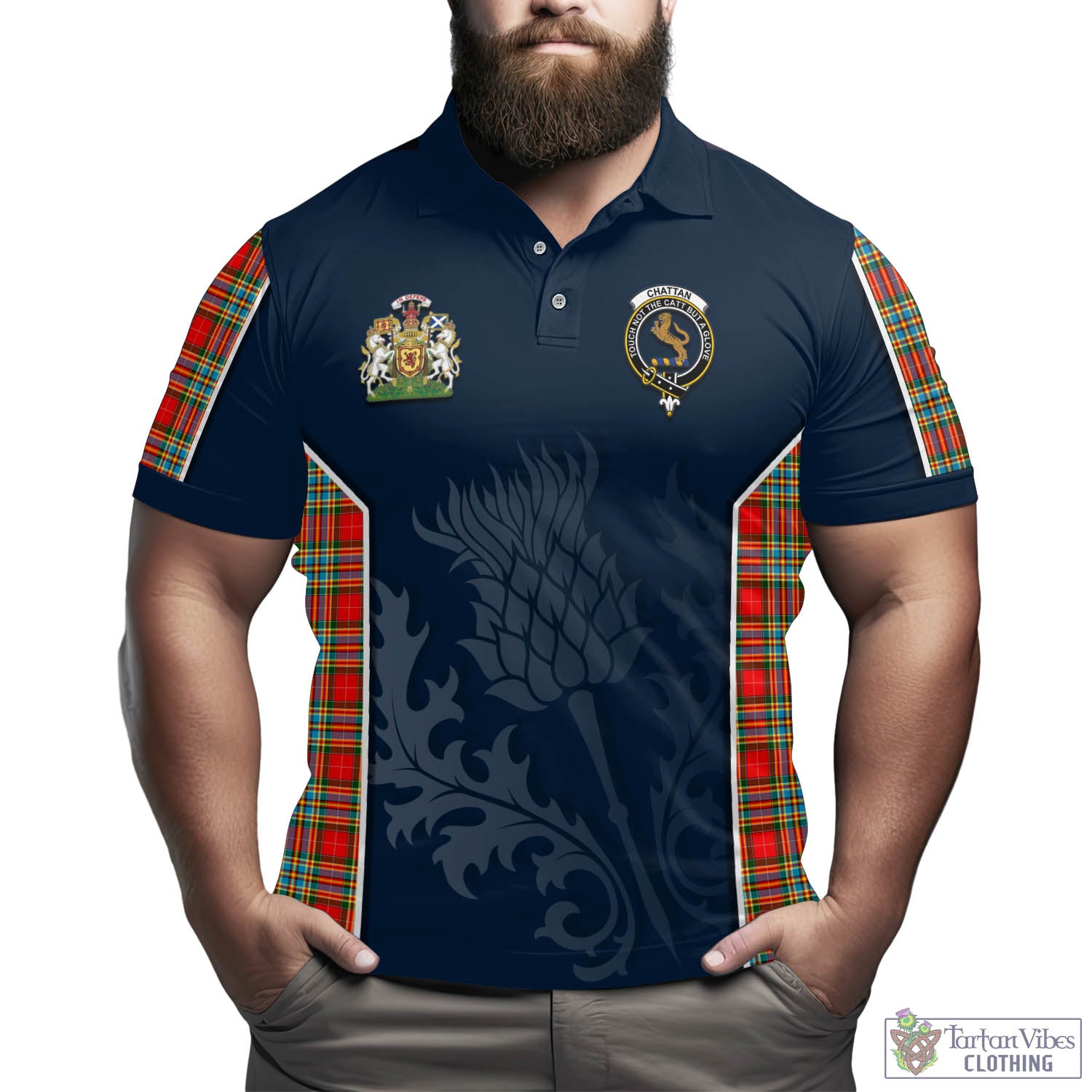 Tartan Vibes Clothing Chattan Tartan Men's Polo Shirt with Family Crest and Scottish Thistle Vibes Sport Style