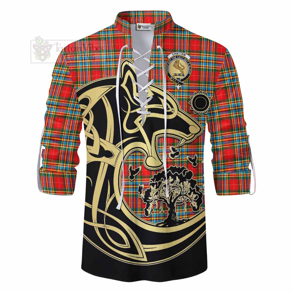 Tartan Vibes Clothing Chattan Tartan Ghillie Kilt Shirt with Family Crest Celtic Wolf Style