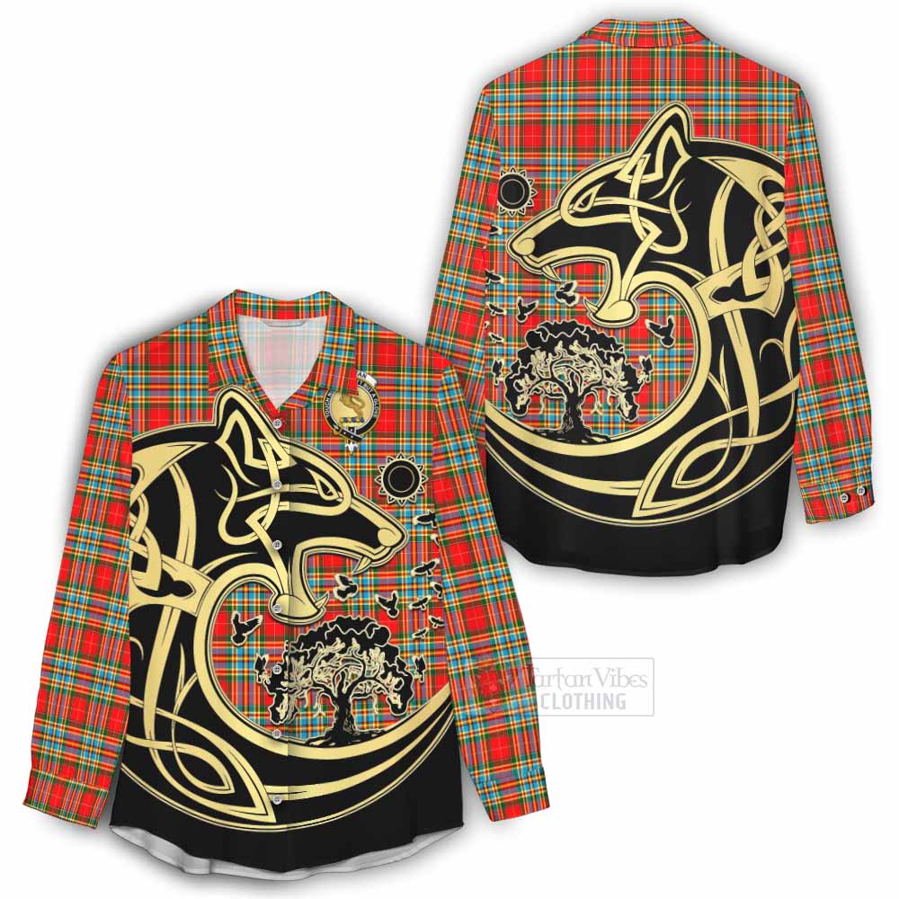 Tartan Vibes Clothing Chattan Tartan Women's Casual Shirt with Family Crest Celtic Wolf Style