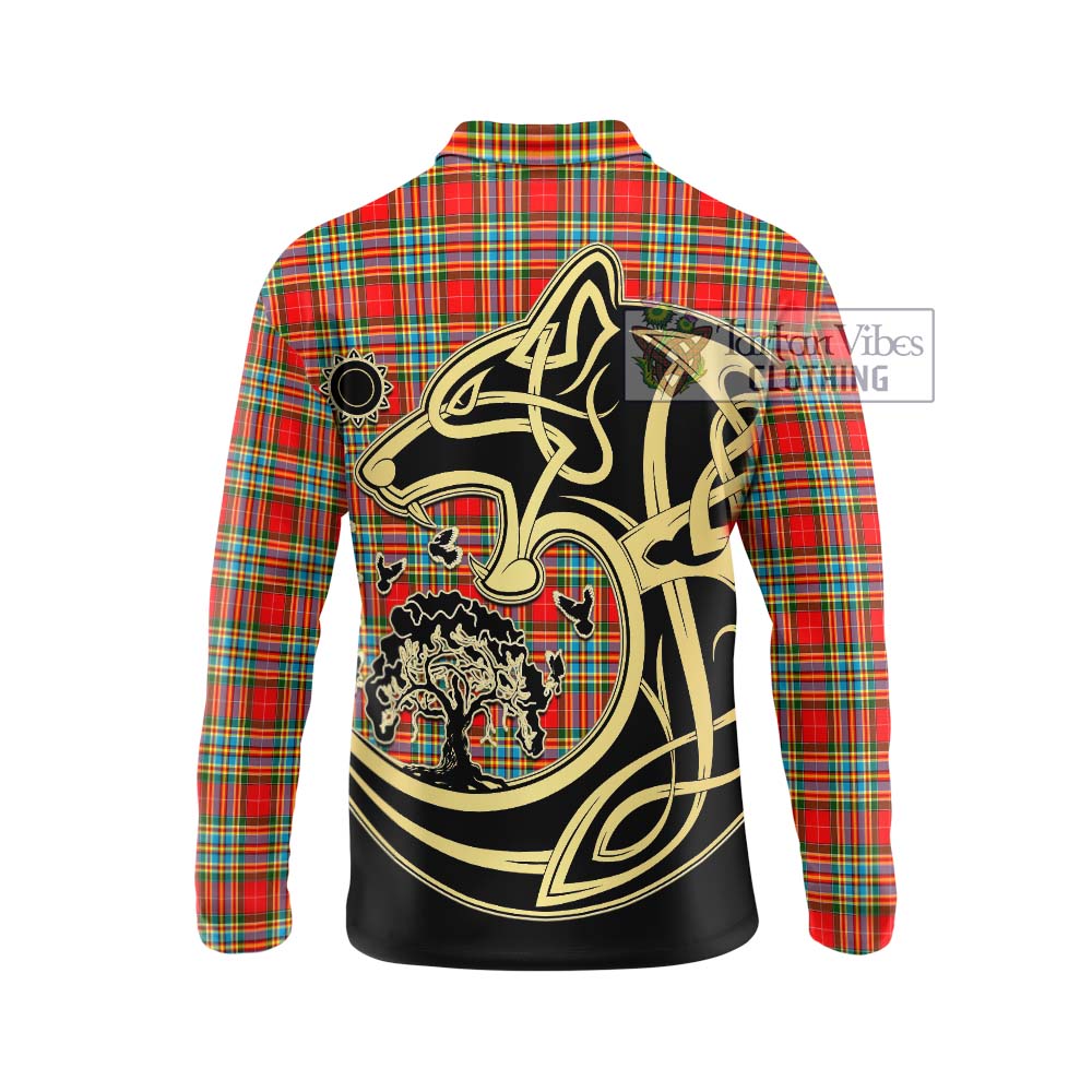 Tartan Vibes Clothing Chattan Tartan Long Sleeve Polo Shirt with Family Crest Celtic Wolf Style